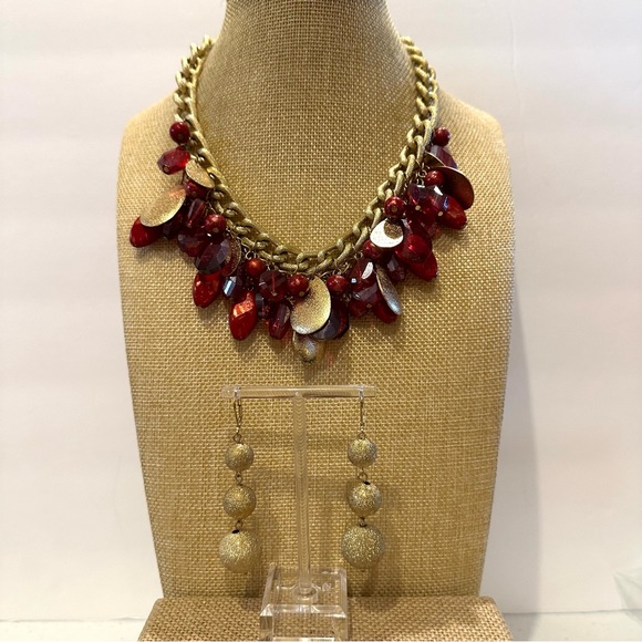 Necklace & Earring set- Brushed gold w/ multiple red acrylic beads - Picture 2 of 12
